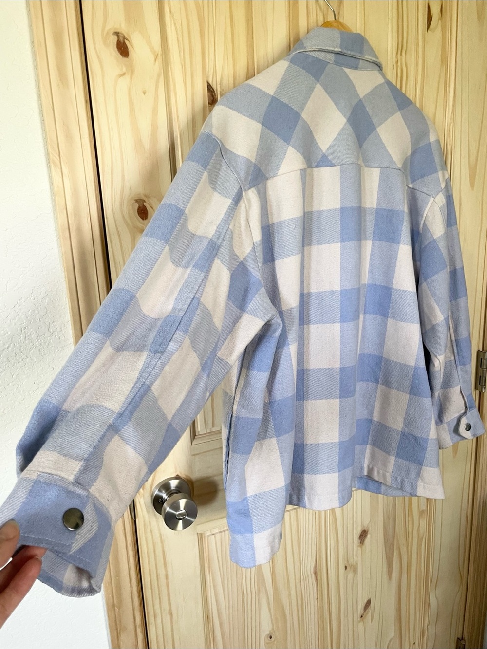 HFX Light Blue & White Buffalo Plaid Check Shacket with Snap Front Size Large - Picture 5 of 8